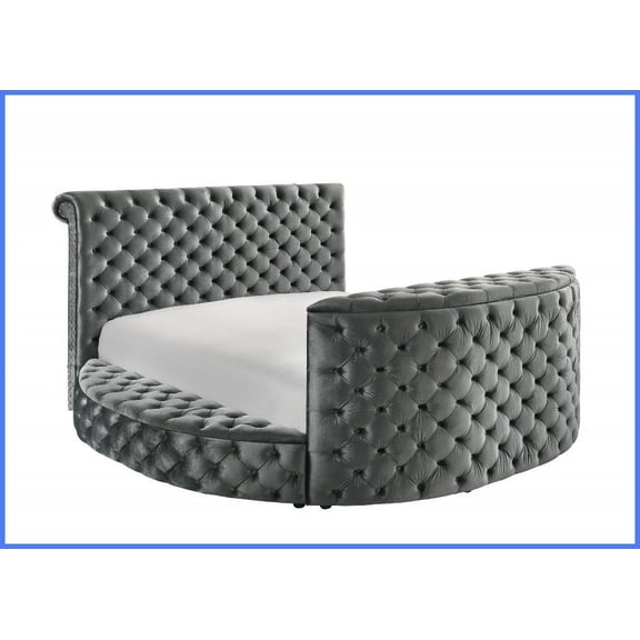 King Size Deeply Tufted Grey Velvet Bed Frame with Nail Head Trim, TV Lift & Fireplace for Master Bedroom