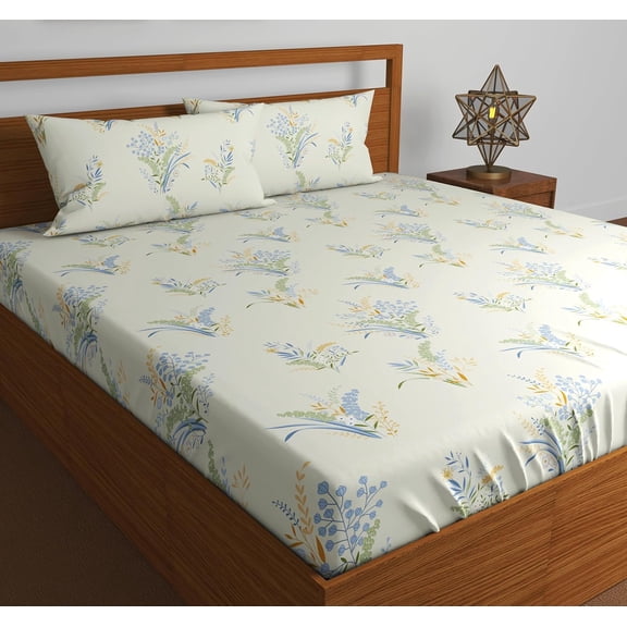 King Size Double Bedsheet With 2 Pillow Covers For Home - 72 X 72 Inches, Cream | Elastic Fitted Bedsheet With Deep Pocket Cotton Bedsheet - Soft, Breathable & Wrinkle-Resistant