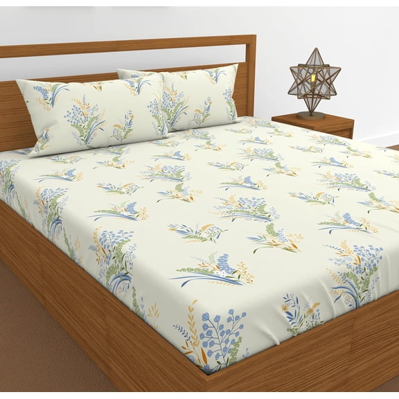 King Size Double Bedsheet With 2 Pillow Covers For Home - 72 X 78 X 8 Inches, Cream | Elastic Fitted Bedsheet With Cotton Bedsheet - Soft, Breathable & Wrinkle-Resistant