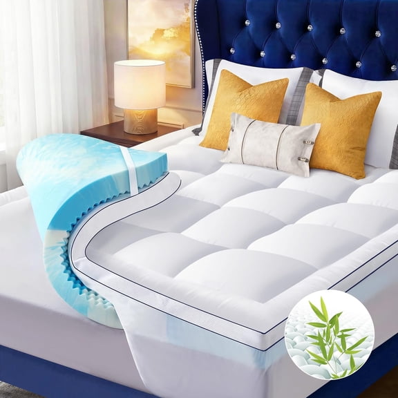King Size Dual Layer 4 Inch Memory Foam Mattress Topper, 2 Inch Fluffy Soft Pillow Top Mattress Pad Cover and 2 Inch Gel Memory Foam for Back Pain Relief, Breathable, Cooling