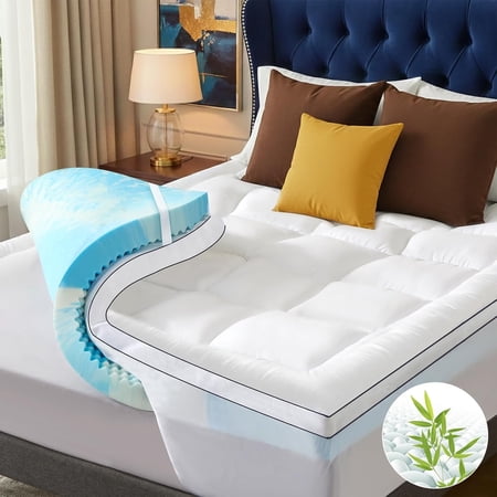 King Size Dual Layer 4 Inch Memory Foam Mattress Topper, 2 Inch Fluffy Soft Pillow Top Mattress Pad Cover and 2 Inch Gel Memory Foam for Back Pain Relief, Breathable, Cooling