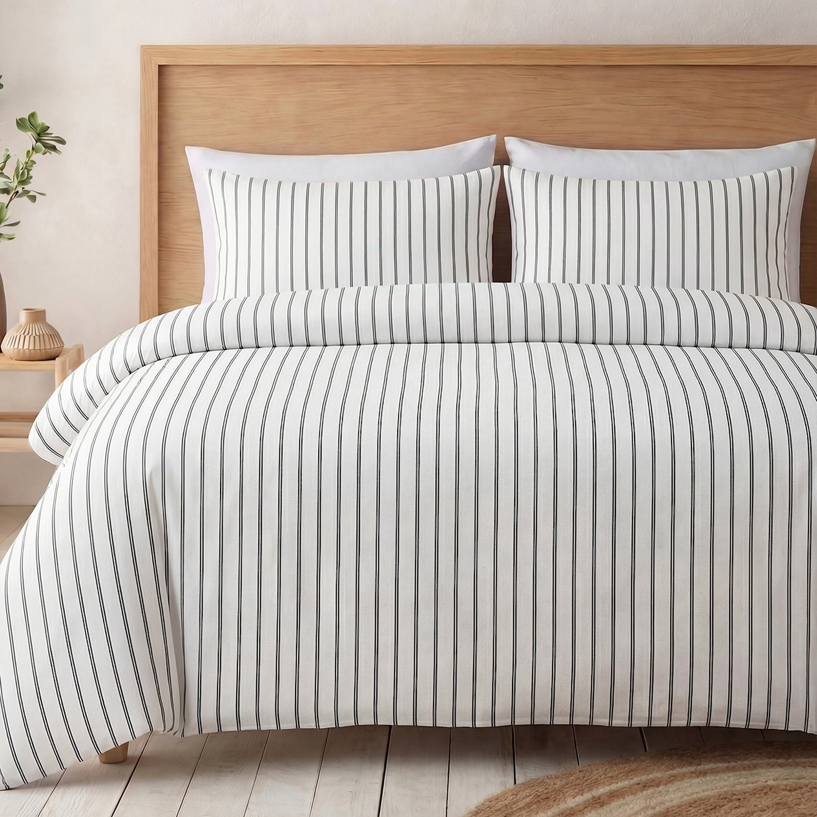 King Size Duvet Cover Set 100% Cotton Sateen 300TC- Black & White Striped Bedding Set, Luxury Silky Soft Striped Duvet Cover 3 Pcs, Hotel Style Room Decor,Zipper & Corner Ties