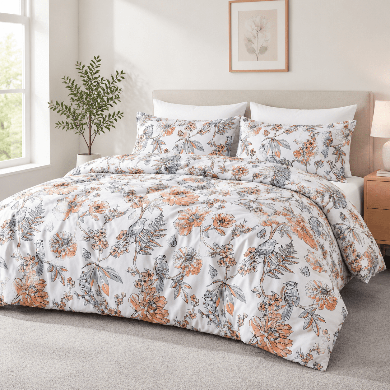 Floss Patterns King Size Duvet Cover Set, Citrus & Sage Floral Pattern, 600 Thread ...