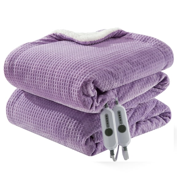 King Size Electric Heated Blanket - Ultra Soft Flannel & Sherpa, Dual Controllers, 4 Heat Settings, Fast Heating, 10H Auto Shut-Off, Machine Washable, ETL Certified - Purple, 90x100 Inches