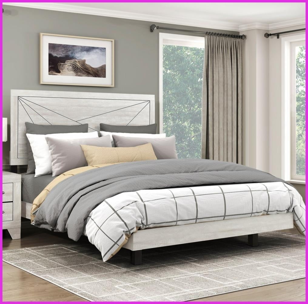 King Size Engineered Wood Bed Frame with Line Headboard Dusty Gray Oak for Master & Guest Rooms