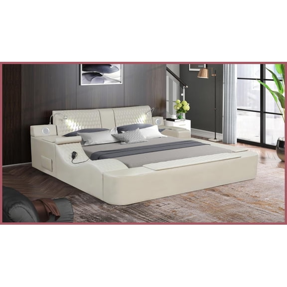 King Size Engineered Wood & Faux Leather Smart Massage Storage Bed Beige for Modern Bedrooms