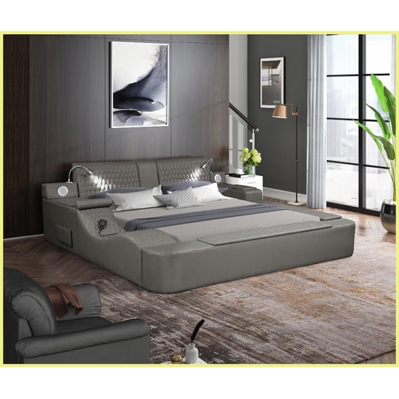 King Size Engineered Wood Smart Massage Bed with Storage, Bluetooth & Charging Gray Modern Bedroom