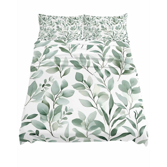 King Size Eucalyptus Leaf Sheet Sets Green Botanical Rustic Watercolor Leaf Soft Breathable Microfiber Bed Sheets Deep Pockets 4 Piece Bed Sheets Set, 1 Fitted Sheet, 1 Flat Sheet & 2 Pillowcases