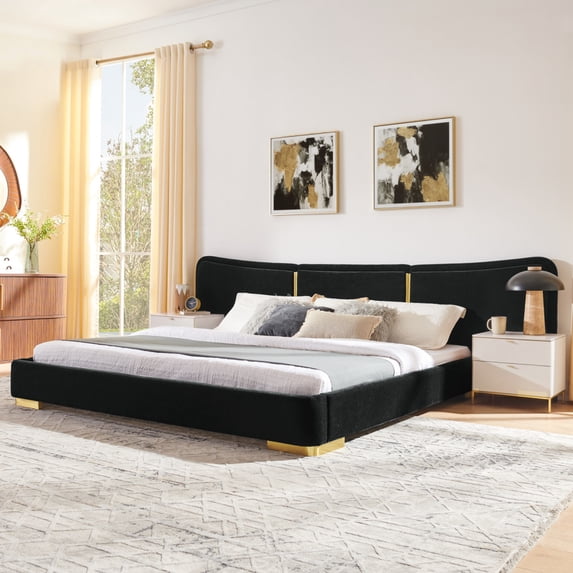 King Size Extra Large Platform Bed, Chenille Fabric Upholstered, Curved ...
