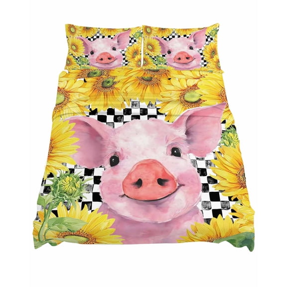 King Size Farm Pink Pig Sunflower Sheet Sets Country Farmhouse Yellow Flower Black Checkered Soft Breathable Microfiber Bed Sheets 4 Piece Bed Sheets Set, 1 Fitted Sheet, 1 Flat Sheet & 2 Pillowcases