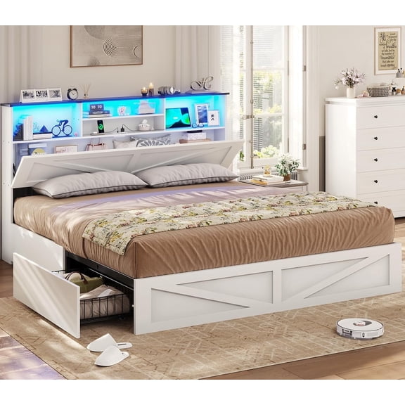 King Size Farmhouse Bed Frame with Bookcase Headboard, and LED Lights, Wooden King Bed Frame with 4 Drawers, Barn Door Design, No Box Spring Needed, White