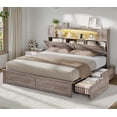 thumbnail image 1 of King Size Farmhouse Bed Frame with Bookcase and Storage Cabinets Headboard, Wood Platform Bed with LED Lights & 4 Drawers No Box Spring Needed, Gray, 1 of 8