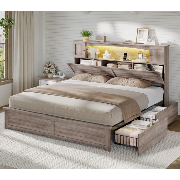 King Size Farmhouse Bed Frame with Bookcase and Storage Cabinets Headboard, Wood Platform Bed with LED Lights & 4 Drawers No Box Spring Needed, Gray