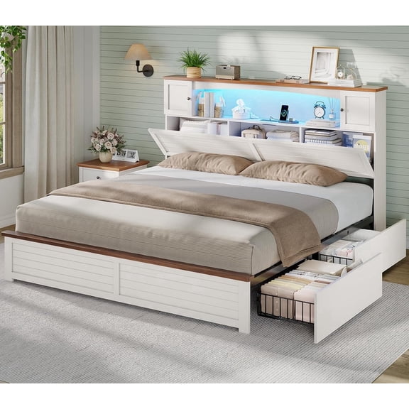 King Size Farmhouse Bed Frame with Bookcase and Storage Cabinets Headboard, Wood Platform Bed with LED Lights & 4 Drawers No Box Spring Needed, White