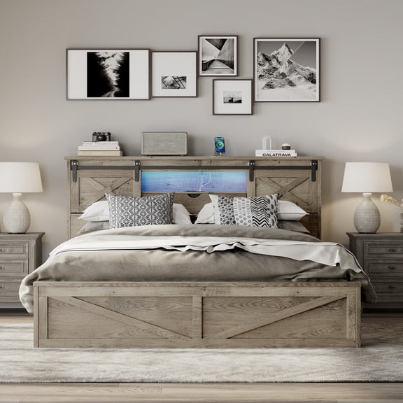 King Size Farmhouse Bed Frame with LED Lights and Charging Station, Wooden Platform Bed Frame with 2 Storage Drawers and Sliding Barn Headboard