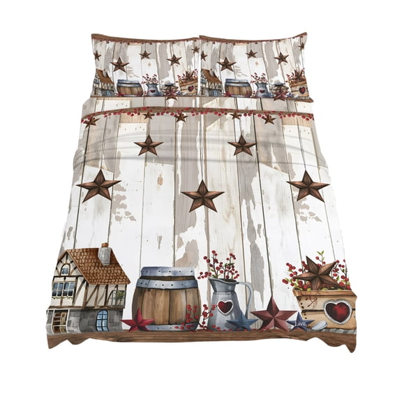 King Size Farmhouse Country Sheet Sets Star Barn Barrel Plant Retro Wood Grain Soft Breathable Microfiber Bed Sheets Deep Pockets 4 Piece Bed Sheets Set, 1 Fitted Sheet, 1 Flat Sheet & 2 Pillowcases