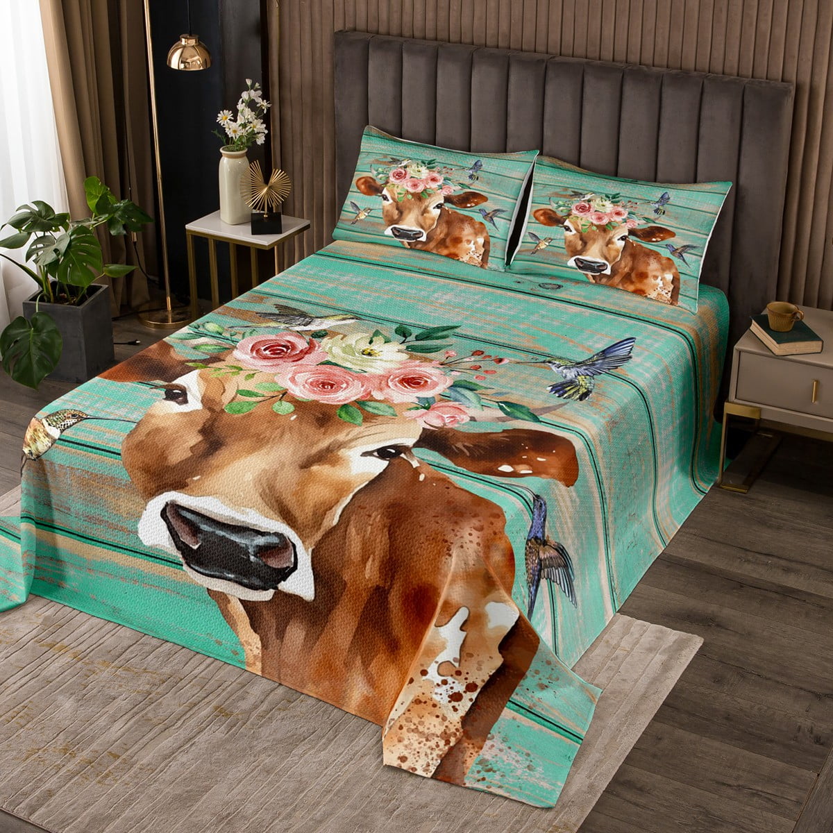 King Size Farmhouse Cow Print Bedspread Set Floral Bull Wild Animal