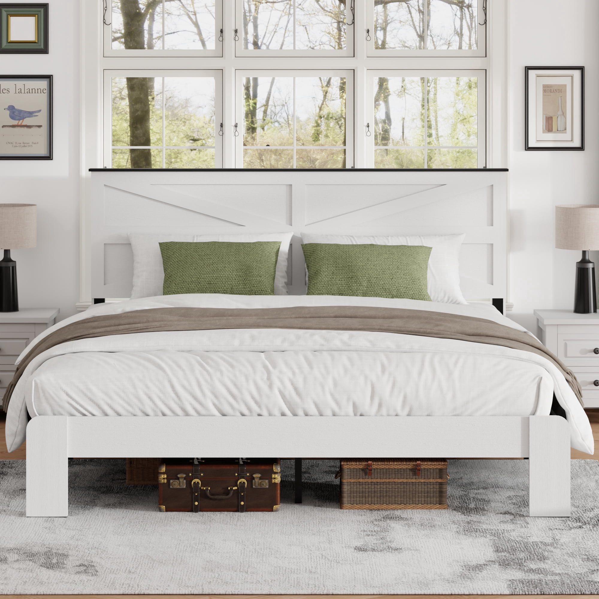 King Size Farmhouse Wooden Bed Frame with Headboard, Boho Platform Bedframe Sturdy Metal Slats Support, No Spring Mattress, Noisy Free, Easy Assembly (King, White)