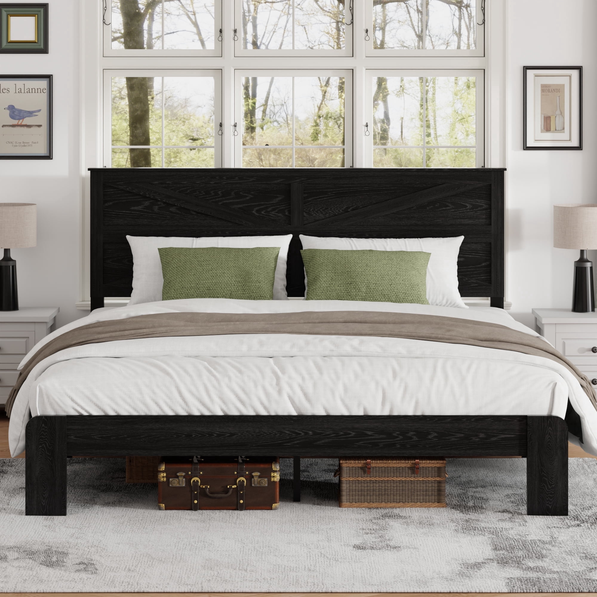 King Size Farmhouse Wooden Bed Frame with Headboard, Boho Platform Bedframe Sturdy Metal Slats Support, No Spring Mattress , Silent Operation, Easy Assembly (King, Black)