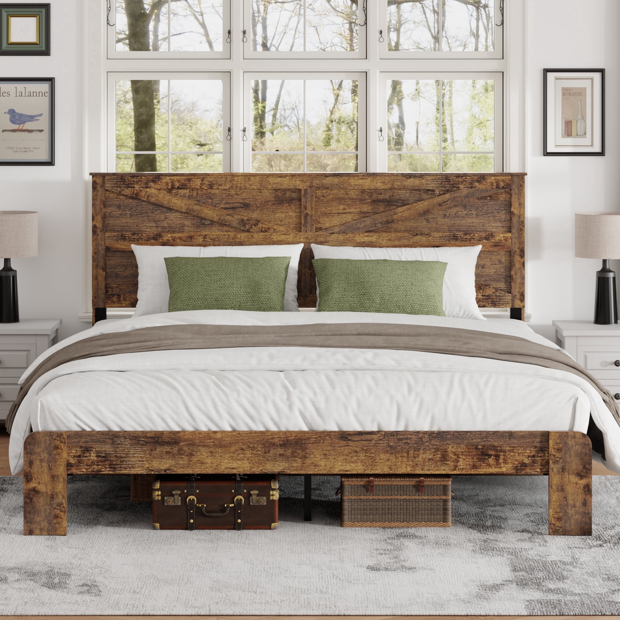 King Size Farmhouse Wooden Bed Frame with Headboard, Boho Platform Bedframe Sturdy Metal Slats Support, No Spring Mattress , Silent Operation, Easy Assembly (King, Brown)