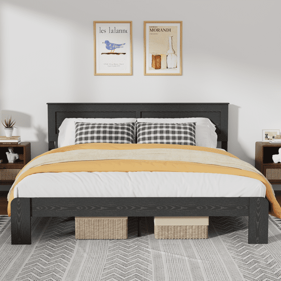 King Size Farmhouse Wooden Bed Frame with Headboard, Rustic Platform Bed with Silent Wood Slat System, No Box Spring Needed, Rustic Black