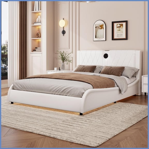 King Size Faux Leather Platform Bed Frame with RGB LED Lights & Bluetooth Speakers, No Box Spring Needed, White for Master Bedroom