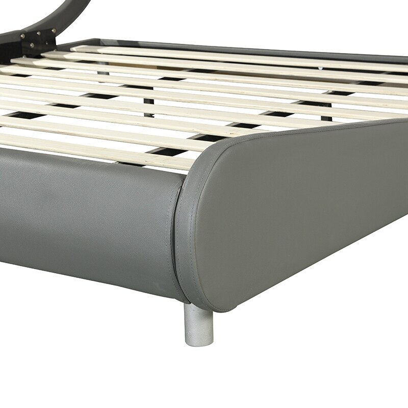 King Size Faux Leather Upholstered Platform Bed Frame, Curve Design, Wood Slat Support Grey