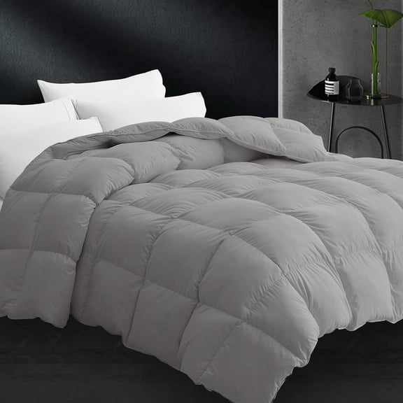 King Size Feather Down Comforter - All Season Dark Grey Duvet Insert, Lightweight Box Stitched, Fluffy Breathable, Ultra Soft Quiet Hotel Style with 8 Tabs(90" x 106")