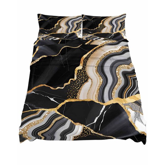 King Size Fitted Sheet Set,Abstract Flowing Marble Fluid Art Deep Pocket Bed Sheet Fits Mattress Up to 16",Soft Bottom Sheets with Pillowcases and Flat Sheet,Black and Gold Lines for Bedroom Decor