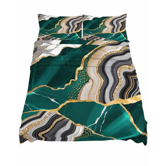 King Size Fitted Sheet Set,Abstract Flowing Marble Fluid Art Deep Pocket Bed Sheet Fits Mattress Up to 16",Soft Bottom Sheets with Pillowcases and Flat Sheet,Green Gold Lines for Bedroom Decor