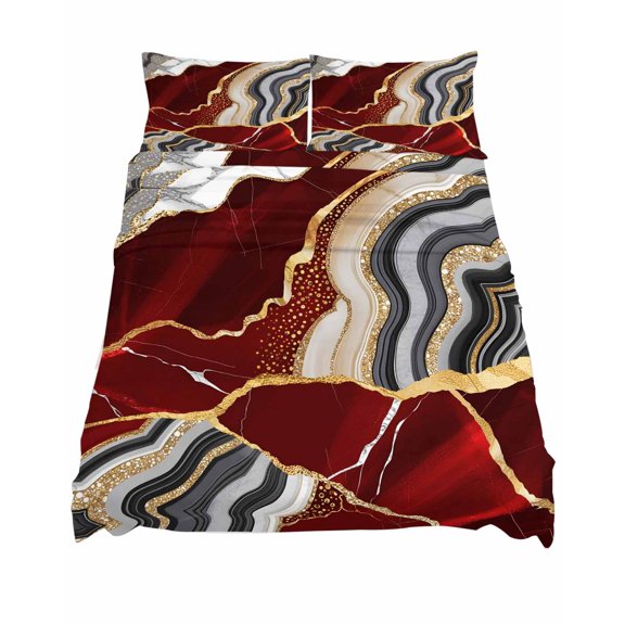 King Size Fitted Sheet Set,Abstract Flowing Marble Fluid Art Deep Pocket Bed Sheet Fits Mattress Up to 16",Soft Bottom Sheets with Pillowcases and Flat Sheet,Red and Gold Lines for Bedroom Decor