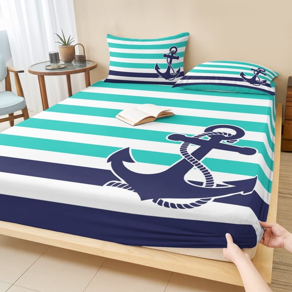 King Size Fitted Sheet Set - Anchor Turquoise 3 Piece Bedding Sets 16" Deep Pocket Fitted Sheet with 2 Pillowcases, Modern Navy Blue White Striped Nautical Brushed Microfiber Hotel Luxury Bed Sheets