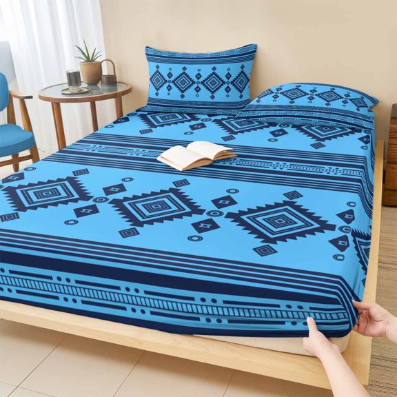 King Size Fitted Sheet Set - Azure Blue Boho Southwestern 3 Piece Bedding Sets 16" Deep Pocket Fitted Sheet with 2 Pillowcases, Vintage Ethnic Tribes Zigzag Tile Brushed Microfiber Hotel Bed Sheets