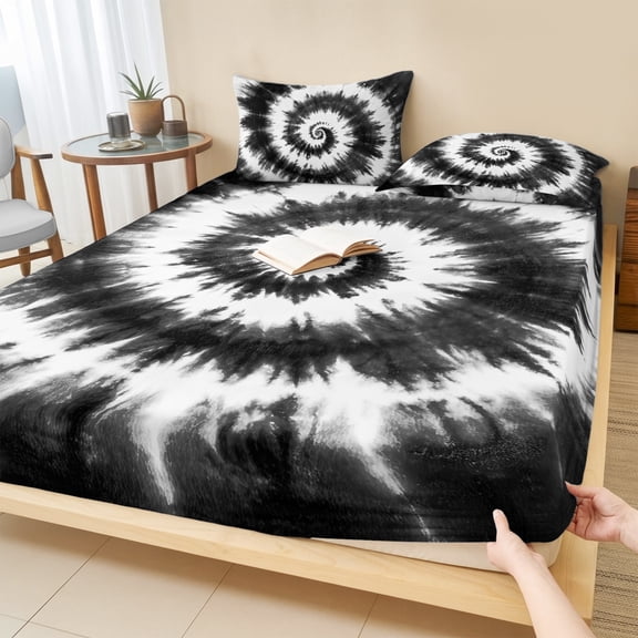 King Size Fitted Sheet Set - Black Gray Ombre 3 Piece Bedding Sets 16" Deep Pocket Fitted Sheet with 2 Pillowcases, Retro Abstract Tie-dye Tribal Boho Brushed Microfiber Hotel Luxury Bed Sheets