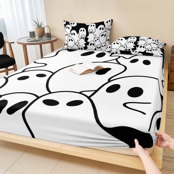 King Size Fitted Sheet Set - Black Halloween 3 Piece Bedding Sets 16" Deep Pocket Fitted Sheet with 2 Pillowcases, White Ghost Spooky Brushed Microfiber Hotel Luxury Bed Sheets