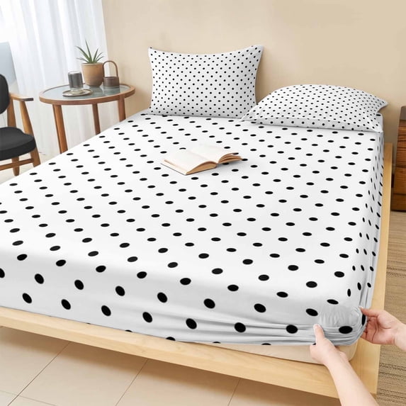 King Size Fitted Sheet Set - Black Polka Dot 3 Piece Bedding Sets 16" Deep Pocket Fitted Sheet with 2 Pillowcases, Modern Simple Geometric Circle Brushed Microfiber Hotel Luxury Bed Sheets