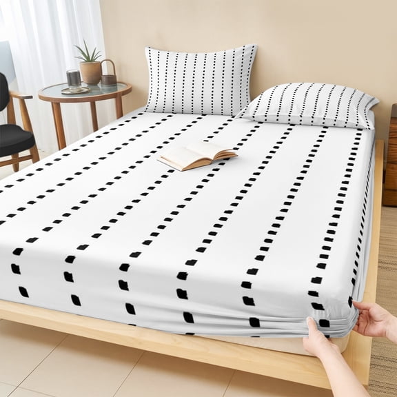 King Size Fitted Sheet Set - Black Stripes 3 Piece Bedding Sets 16" Deep Pocket Fitted Sheet with 2 Pillowcases, Geometric Polka Dots Abstract Modern Art Brushed Microfiber Hotel Luxury Bed Sheets