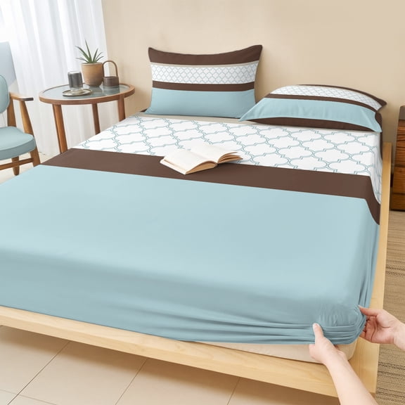King Size Fitted Sheet Set - Blue Brown Morocco 3 Piece Bedding Sets 16" Deep Pocket Fitted Sheet with 2 Pillowcases, Geometric Stripes Aqua Stitching Brushed Microfiber Hotel Luxury Bed Sheets