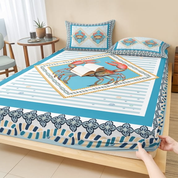 King Size Fitted Sheet Set - Blue Crab Nautical 3 Piece Bedding Sets 16" Deep Pocket Fitted Sheet with 2 Pillowcases, Ocean Coastal Geometric Brushed Microfiber Hotel Luxury Bed Sheets