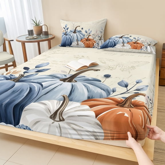 King Size Fitted Sheet Set - Blue Gray Pumpkin Fall 3 Piece Bedding Sets 16" Deep Pocket Fitted Sheet with 2 Pillowcases, Thanksgiving Botanical Autumn Beige Brushed Microfiber Hotel Bed Sheets