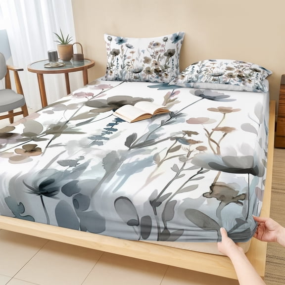 King Size Fitted Sheet Set - Blue Grey Pink Spring Floral 3 Piece Bedding Sets 16" Deep Pocket Fitted Sheet with 2 Pillowcases, Watercolor Botanical Brushed Microfiber Hotel Luxury Bed Sheets