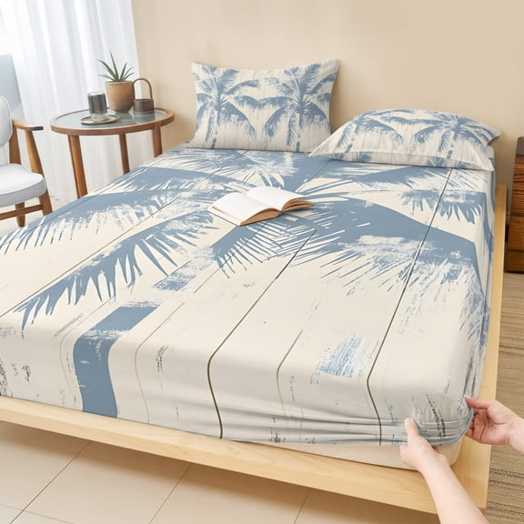 King Size Fitted Sheet Set - Blue Palm Tree 3 Piece Bedding Sets 16" Deep Pocket Fitted Sheet with 2 Pillowcases, Coastal Summer Wooden Brushed Microfiber Hotel Luxury Bed Sheets