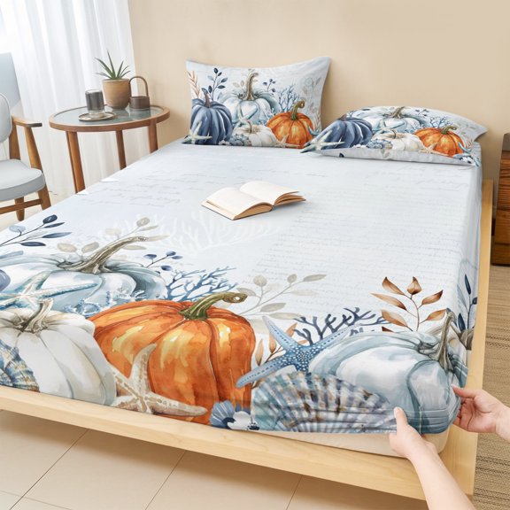 King Size Fitted Sheet Set - Blue Pumpkins Fall 3 Piece Bedding Sets 16" Deep Pocket Fitted Sheet with 2 Pillowcases, Coastal Thanksgiving Summer Botanical Brushed Microfiber Hotel Luxury Bed Sheets