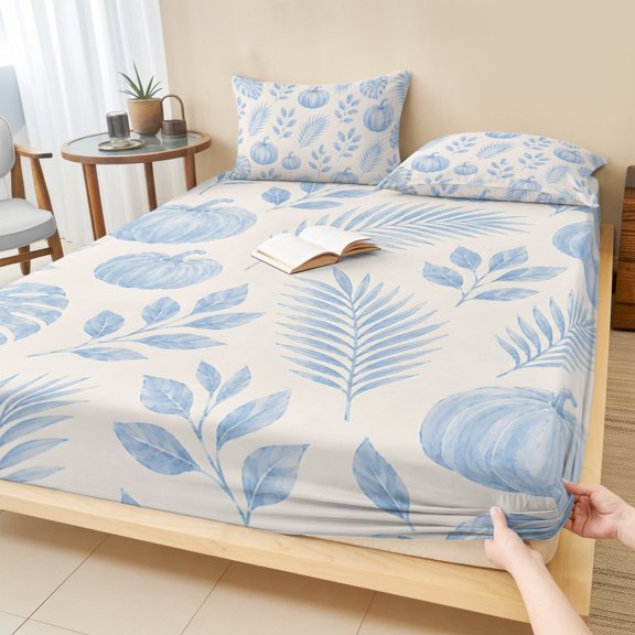King Size Fitted Sheet Set - Blue Pumpkins Fall 3 Piece Bedding Sets 16" Deep Pocket Fitted Sheet with 2 Pillowcases, Thanksgiving Tropical Palm Leaves Brushed Microfiber Hotel Luxury Bed Sheets