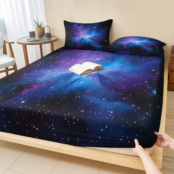 King Size Fitted Sheet Set - Blue Purple Clouds 3 Piece Bedding Sets 16" Deep Pocket Fitted Sheet with 2 Pillowcases, Modern Abstract Stars Sky Brushed Microfiber Hotel Luxury Bed Sheets