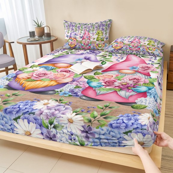 King Size Fitted Sheet Set - Blue Purple Gnomes 3 Piece Bedding Sets 16" Deep Pocket Fitted Sheet with 2 Pillowcases, Spring Hydrangea Flower Leaf Pink Plaid Brushed Microfiber Hotel Bed Sheets