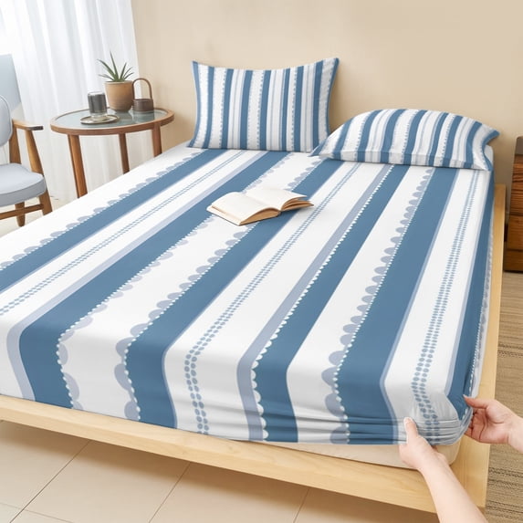 King Size Fitted Sheet Set - Blue Striped 3 Piece Bedding Sets 16" Deep Pocket Fitted Sheet with 2 Pillowcases, Farmhouse Vertical Stripes Geometric Brushed Microfiber Hotel Luxury Bed Sheets