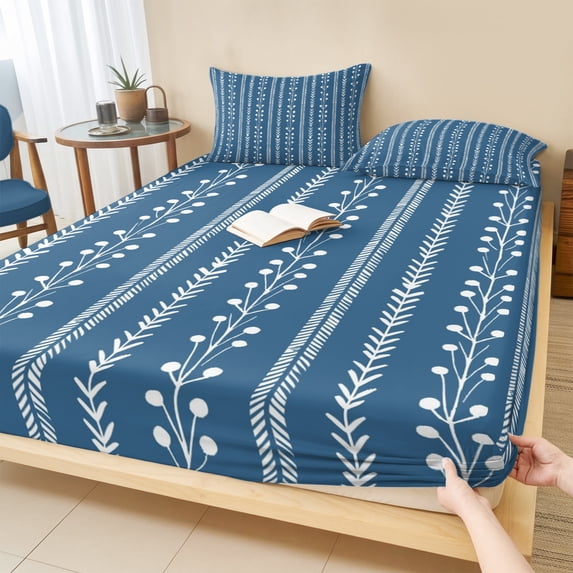 King Size Fitted Sheet Set - Blue Striped 3 Piece Bedding Sets 16" Deep Pocket Fitted Sheet with 2 Pillowcases, Modern Minimalist Lines Pattern Blue Brushed Microfiber Hotel Luxury Bed Sheets