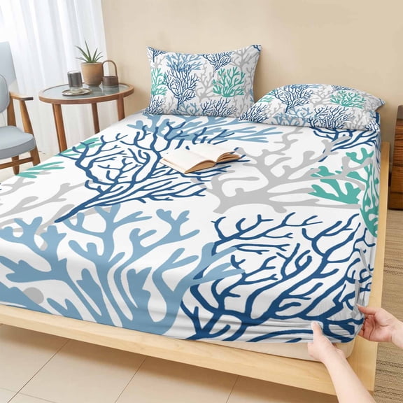 King Size Fitted Sheet Set - Blue Teal Grey Coral Coastal 3 Piece Bedding Sets 16" Deep Pocket Fitted Sheet with 2 Pillowcases, Summer Beach Nautical Ocean Brushed Microfiber Hotel Luxury Bed Sheets