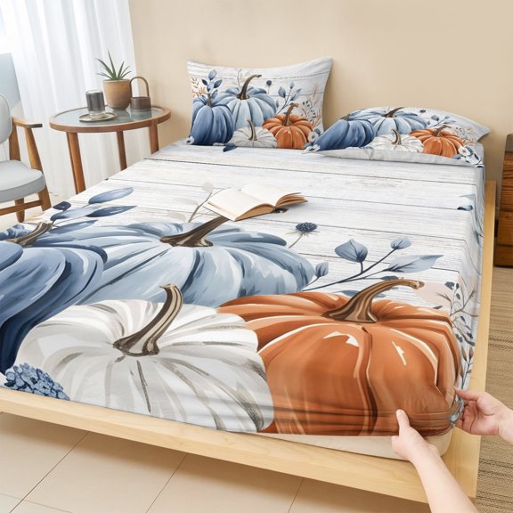 King Size Fitted Sheet Set - Blue Thanksgiving Fall 3 Piece Bedding Sets 16" Deep Pocket Fitted Sheet with 2 Pillowcases, Blue Pumpkin Eucalyptus Wood Grain Brushed Microfiber Hotel Luxury Bed Sheets